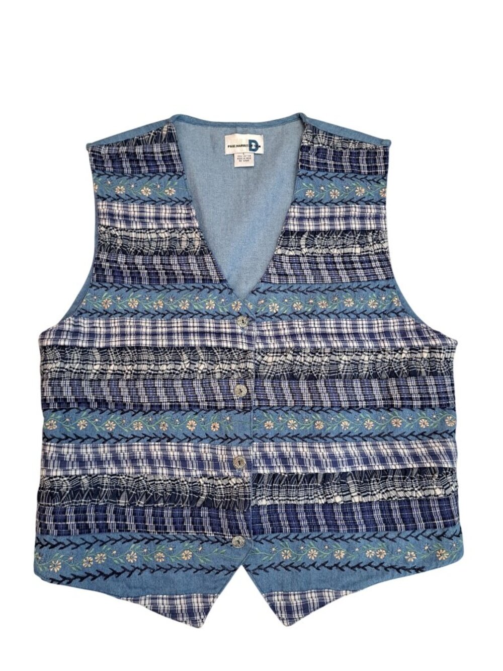 Vtg Paul Harris Vest Womens Blue Plaid Floral Embroidered Cotton Large Cottage